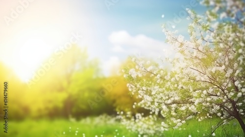 Beautiful  blurred spring background nature with blooming glade  trees and blue sky on a sunny day  Generative Ai