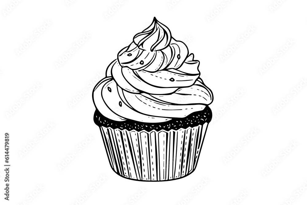 Cupcake in engraving style. Ink sketch isolated on white background. Hand drawn vector illustration. Cupcake in engraving style. Ink sketch isolated on white background. Hand drawn vector illustration.