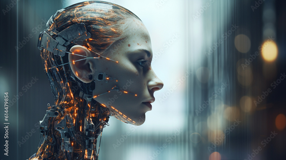 a robot or a woman half a robot with mechanical technological body parts and upgrades, transhumanism cyborg and artificial intelligence, a robot or a woman half a robot with mechanical technological body parts and upgrades, transhumanism cyborg and artificial intelligence,