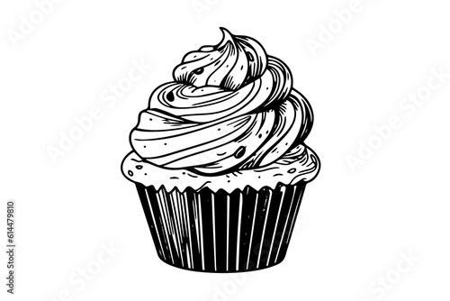 Cupcake in engraving style. Ink sketch isolated on white background. Hand drawn vector illustration.