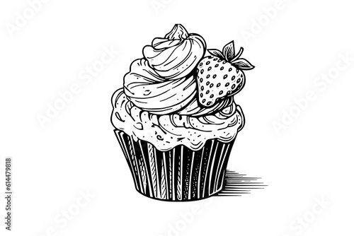 Cupcake with berries in engraving style. Ink sketch isolated on white background. Hand drawn vector illustration.