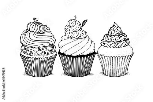 Set of cupcake in engraving style. Ink sketch isolated on white background. Hand drawn vector illustration.