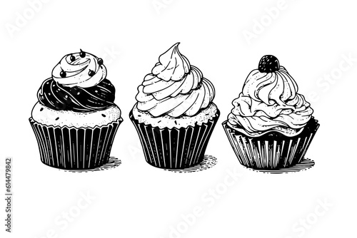 Set of cupcake in engraving style. Ink sketch isolated on white background. Hand drawn vector illustration.