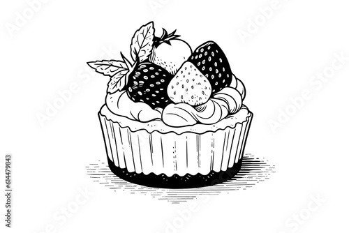 Cupcake with berries in engraving style. Ink sketch isolated on white background. Hand drawn vector illustration.