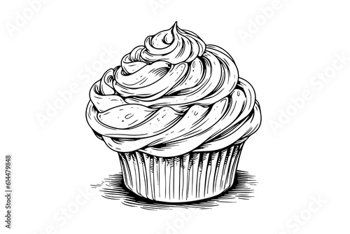 Cupcake in engraving style. Ink sketch isolated on white background. Hand drawn vector illustration.
