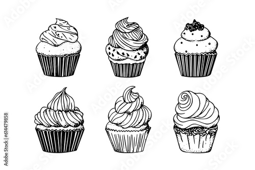 Set of cupcake in engraving style. Ink sketch isolated on white background. Hand drawn vector illustration.