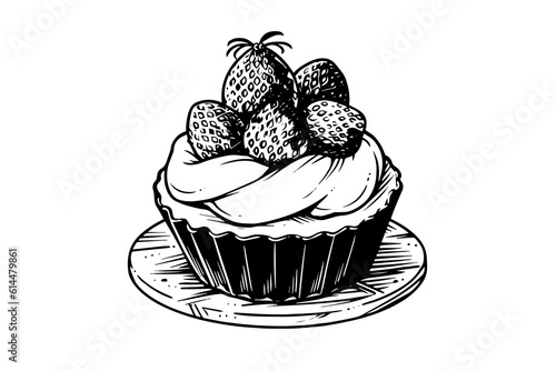 Cupcake with berries in engraving style. Ink sketch isolated on white background. Hand drawn vector illustration.