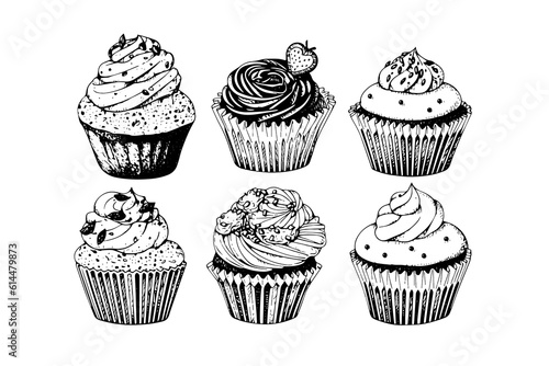 Set of cupcake in engraving style. Ink sketch isolated on white background. Hand drawn vector illustration.