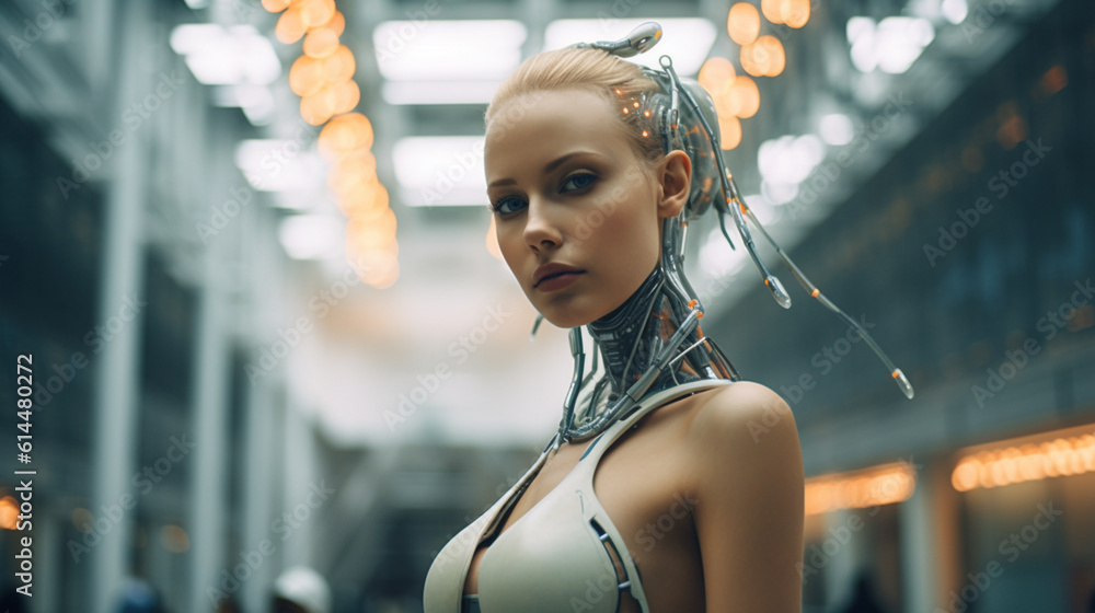 a robot or a woman half a robot with mechanical technological body parts and upgrades, transhumanism cyborg and artificial intelligence,