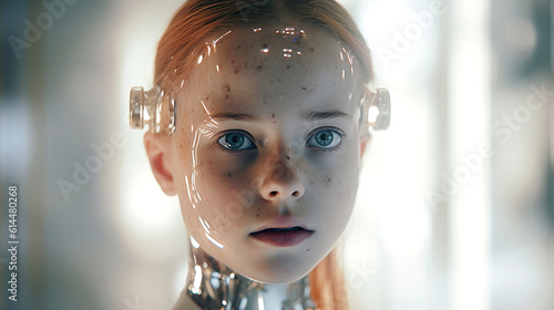 a robot or a woman half a robot with mechanical technological body parts and upgrades, transhumanism cyborg and artificial intelligence, photo