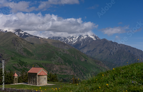 Beautiful Landscape of Small Church on Mountains in Georgia in Summer