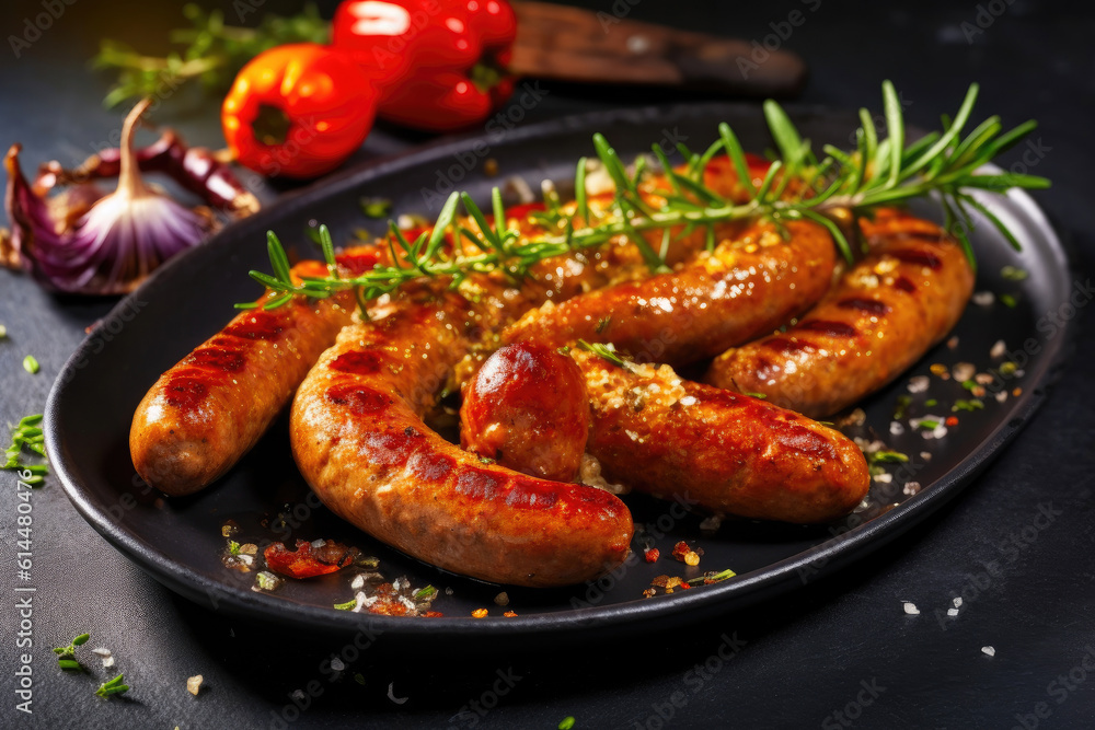 Flavorful Grilled Sausages with Exquisite Seasonings on a Slate Platter. Generative AI Flavorful Grilled Sausages with Exquisite Seasonings on a Slate Platter. Generative AI