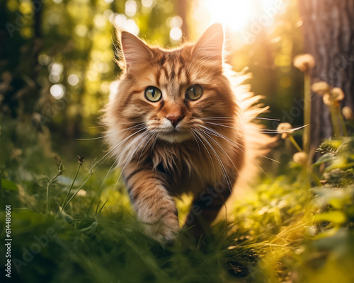 Cute cat walks in nature. Generative AI.
