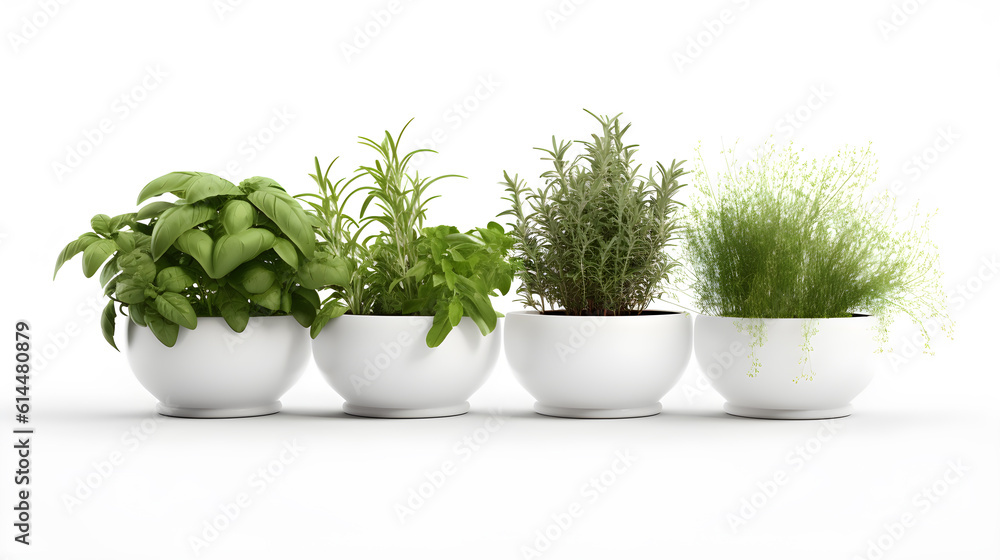 4 Potted herbs, mint, rosemary, cilantro, thyme Generative AI