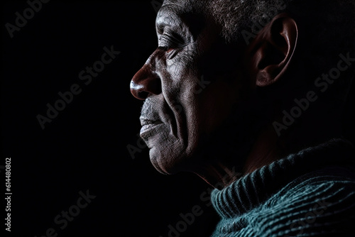 African Wisdom in Shadows: Intense Half-Profile Portrait. Generative AI