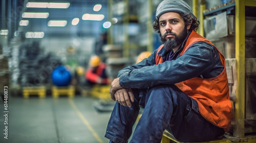 a young adult man works in industry, fictitious, in dirty work clothes, hard job, work as a craft or industrial worker, in a warehouse or production hall, fictitious place