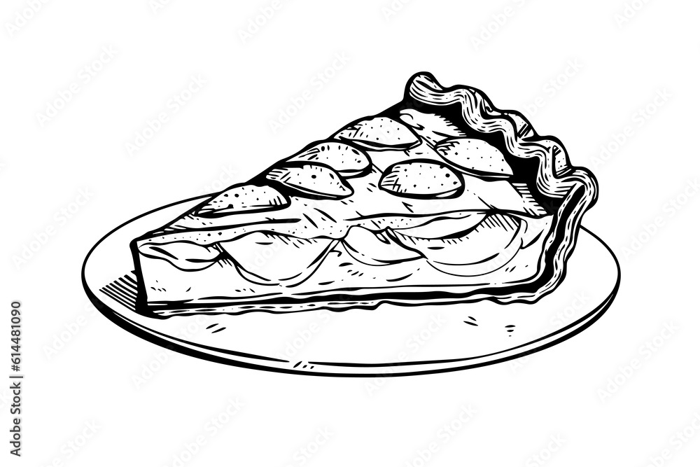 Piece of apple pie hand drawn engraving style vector illustration. - obrazy, fototapety, plakaty 