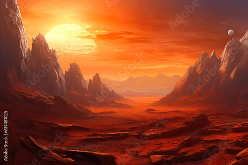 In the Depths of Mars: A Red Sky Over Rocky Terrain. Generative AI