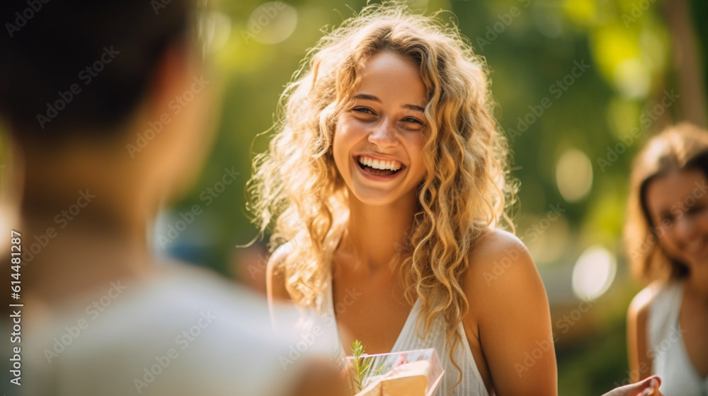 young adult woman in a garden or park or festival or city fair or party, summer, fictional place young adult woman in a garden or park or festival or city fair or party, summer, fictional place