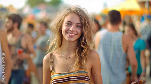 young adult woman in a garden or park or festival or city fair or party, summer, fictional place