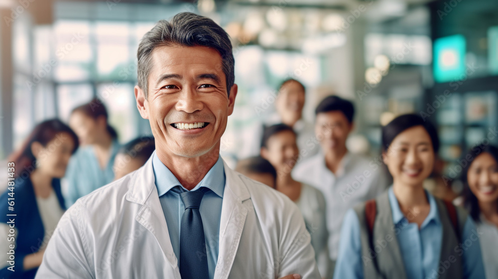 mature adult male is a doctor, asian, fictional location, in a modern hospital with work colleagues, nurses and doctors mature adult male is a doctor, asian, fictional location, in a modern hospital with work colleagues, nurses and doctors