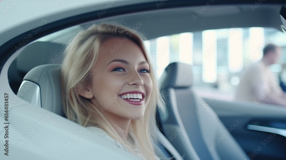 young adult woman in fictional futuristic car, passenger car, caucasian woman blonde, 20s 30s, fictional location
