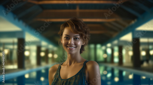 young adult woman on summer vacation at swimming pool, hotel villa or homestay, happy smiling and satisfied, fictional place