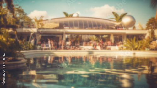blurred villa or hotel with swimming pool and people, luxury, fictional location © wetzkaz