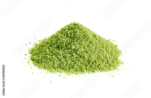 Heap of matcha green tea powder on white background.