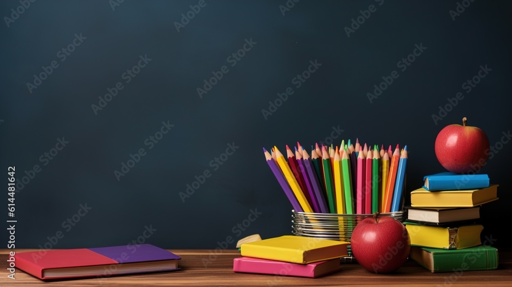 Different colorful stationery on the table. Banner design. Generative AI Different colorful stationery on the table. Banner design. Generative AI