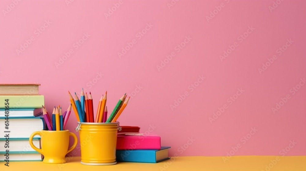 Fototapeta premium Different colorful stationery on the table. Banner design. Generative AI