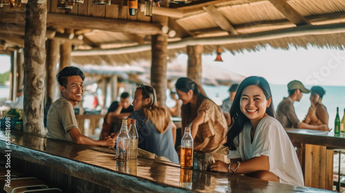 young adult woman at beach cafe, beach bar or beach club or hotel complex on beach, summer vacation, tourists on background, fictional place © wetzkaz