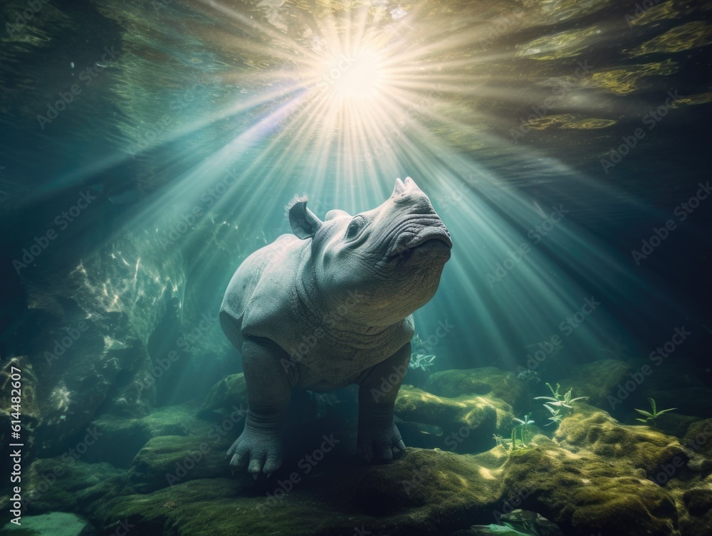 Submerged Meditation Indian Rhinoceros In Mayan Cenote Stock