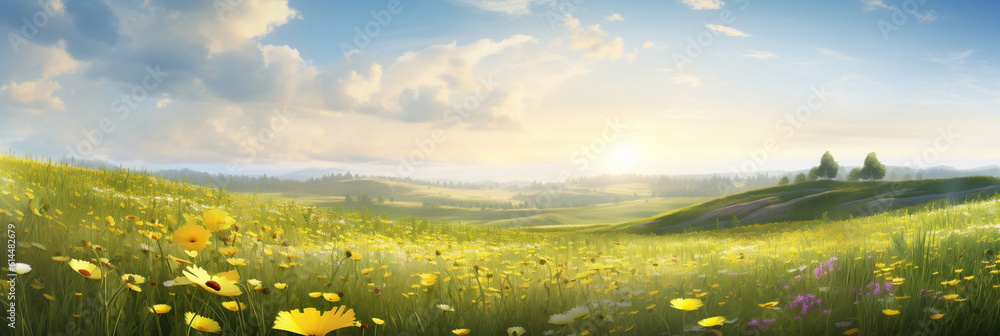 Fototapeta premium Floral Paradise, A Sunny Spring Field, Generative AI