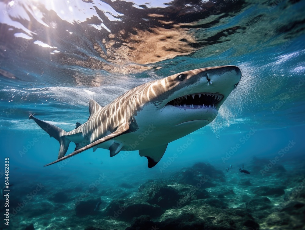 Graceful Tiger Shark Leap in Fiji Waters