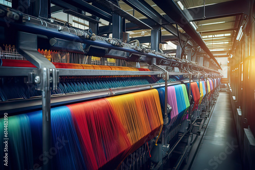 Colored silk threads on the machines in the textile workshop. AI technology generated image
