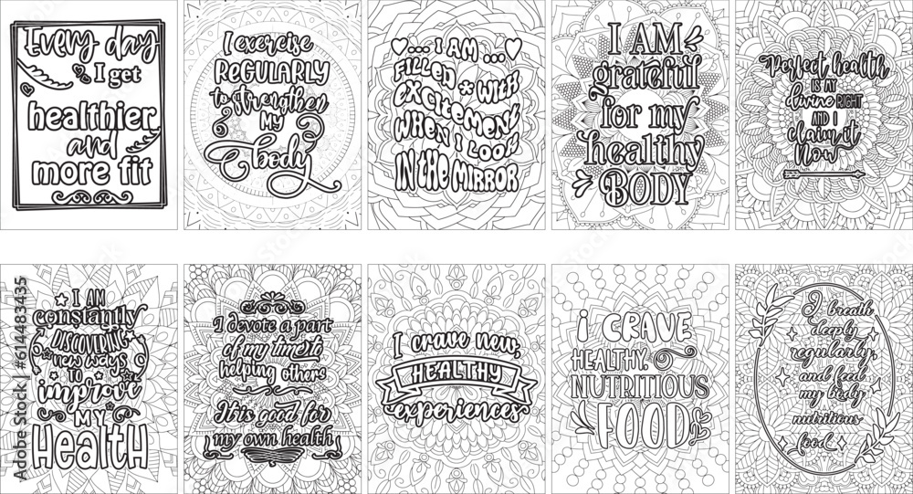 Set of 10 doodle health affirmation quotes typography poster bundle. Affirmation phrase inspiration quote design for flyer, banner, posting, scrapbooking or journaling.