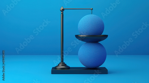wooden scale balancing one big ball and four small ones on light blue background. Generative Ai
