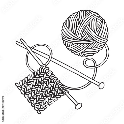 vector drawing in doodle style. a ball of wool and knitting needles. knitting, crochet, hobby