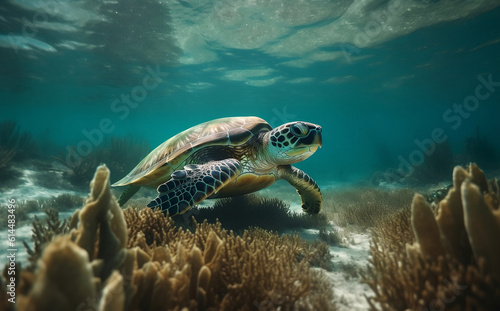 turtle swims underwater in the sea, against the backdrop of beautiful nature, summer day, Generative AI