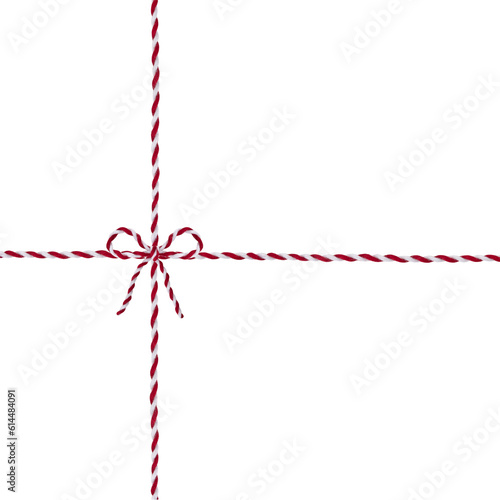 Twine rope with bow isolated,christmas holiday decor.Thread white and red color.Package decor element.