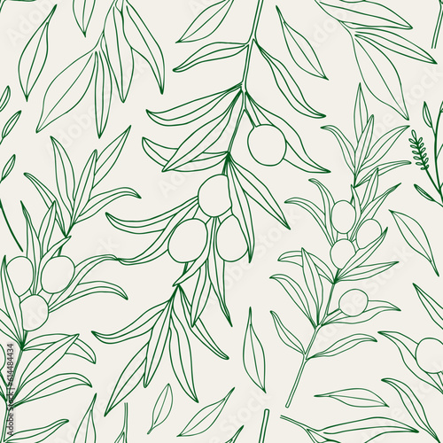Vector seamless pattern olives on a branch with leaves