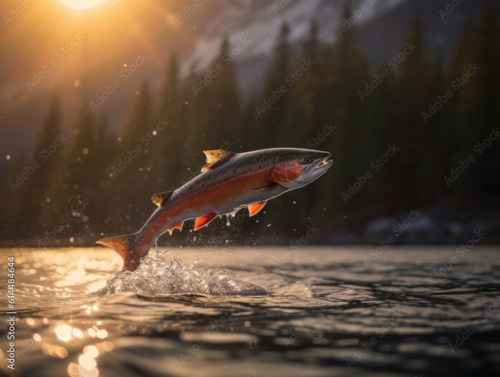 Fototapeta premium Mountain Mist: Keta Salmon Leap at Dawn