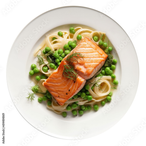 Plate of Salmon Fettucine Isolated on a Transparent Background