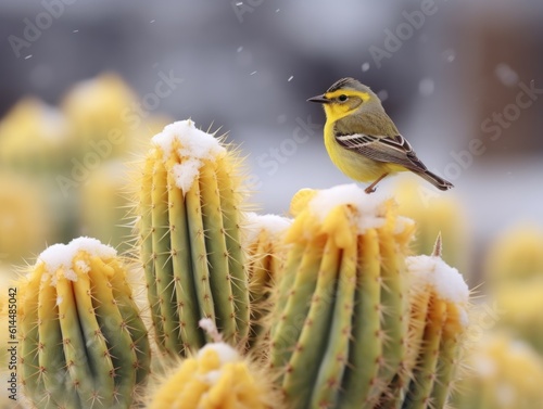 Yellow Kentucky Warbler on Snowy Sonoran Cactus photo