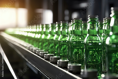 Glass bottles on the conveyor belt of the beverage production line. AI technology generated image