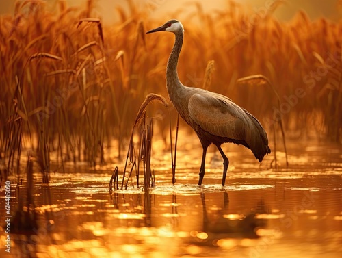 Majestic Crane in Golden Wheat Field