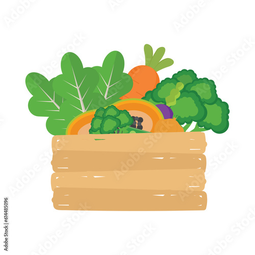 Fresh vegetables in wooden box . Farm product. Healthy food. Vector illustration.