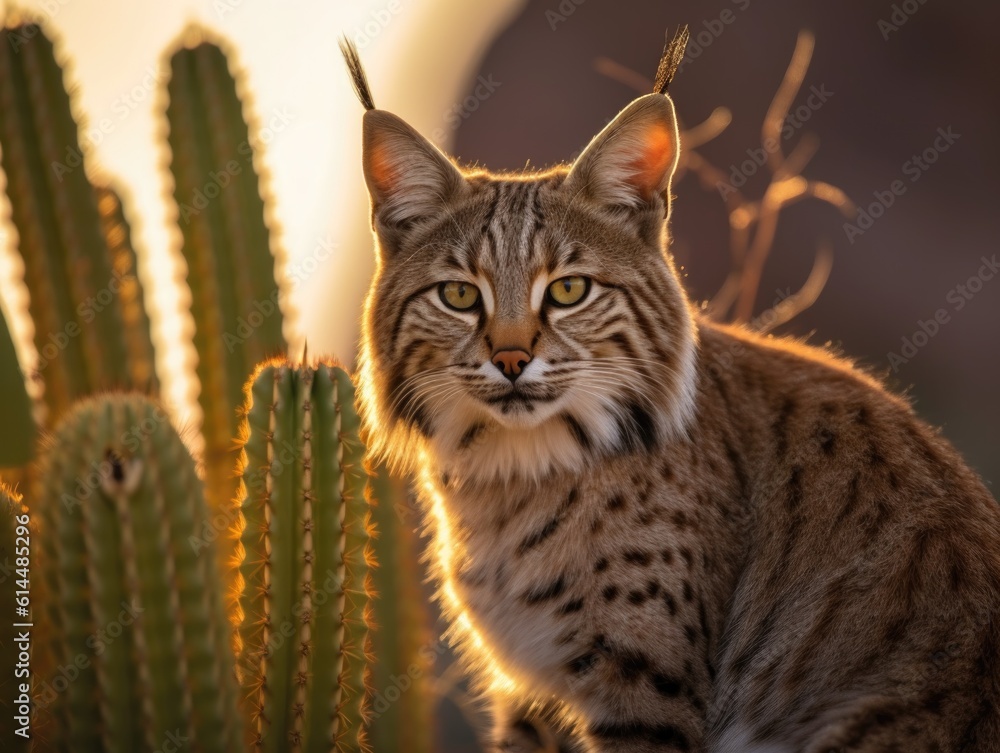 Obraz premium Desert King: Bobcat perched on cactus