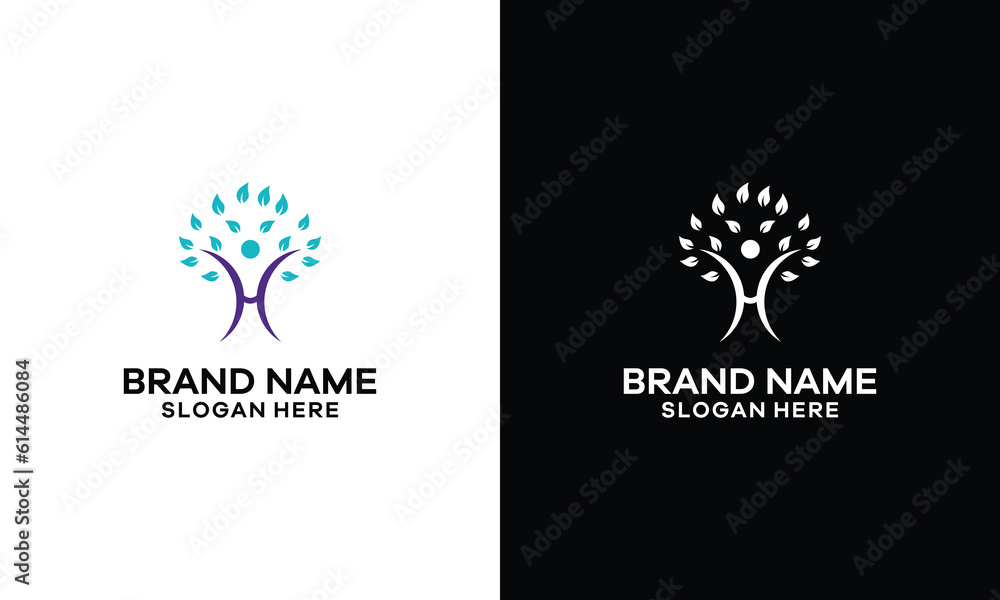 letter H word mark and human tree successful growing healthy Logo Template Illustration Design symbol vector